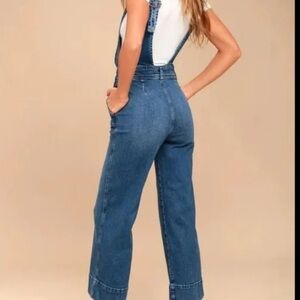 Free People Blue Denim Wide-Leg Overalls